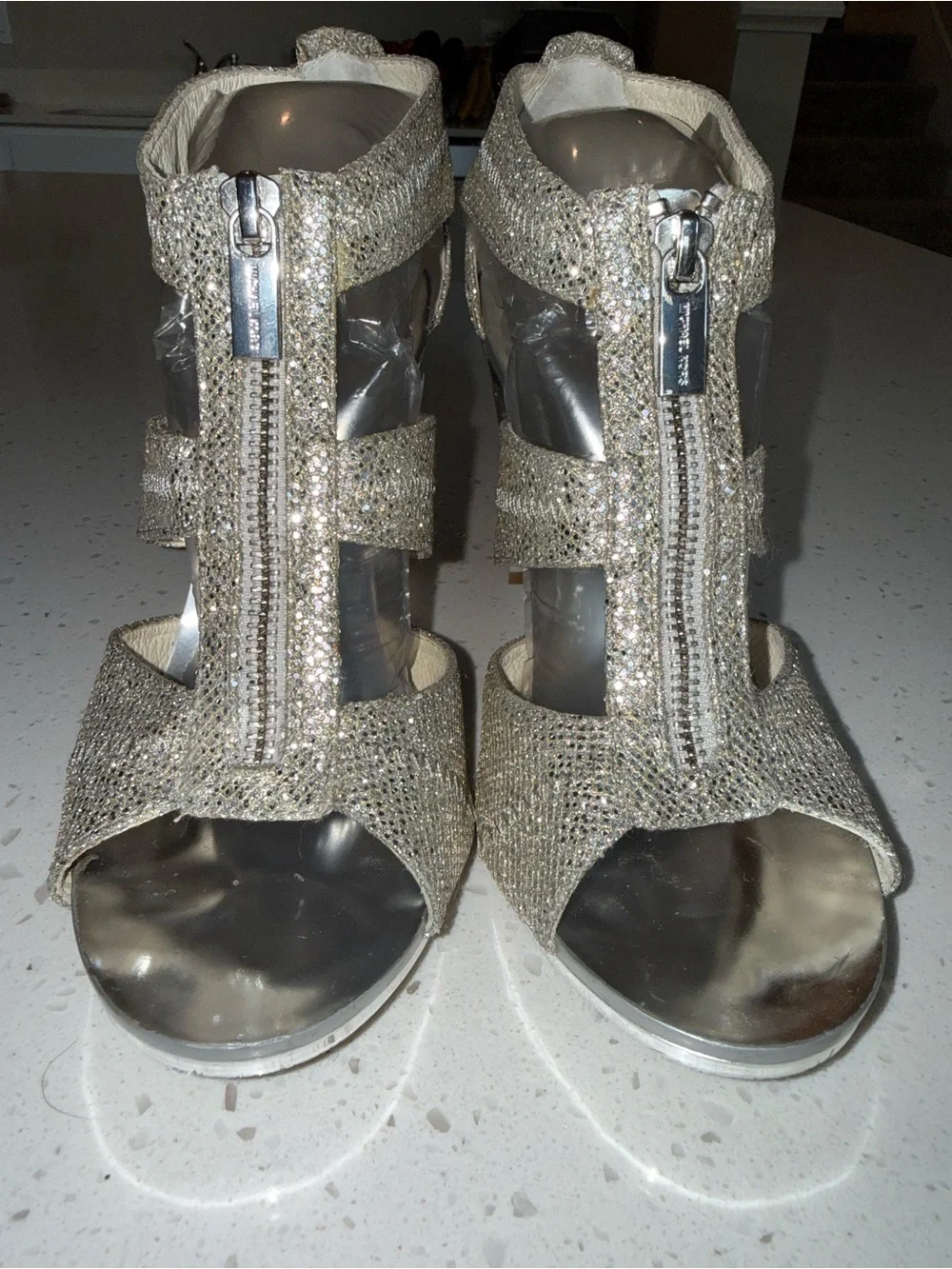 Michael Kors Silver Glitter Cutout High Heel Sandals